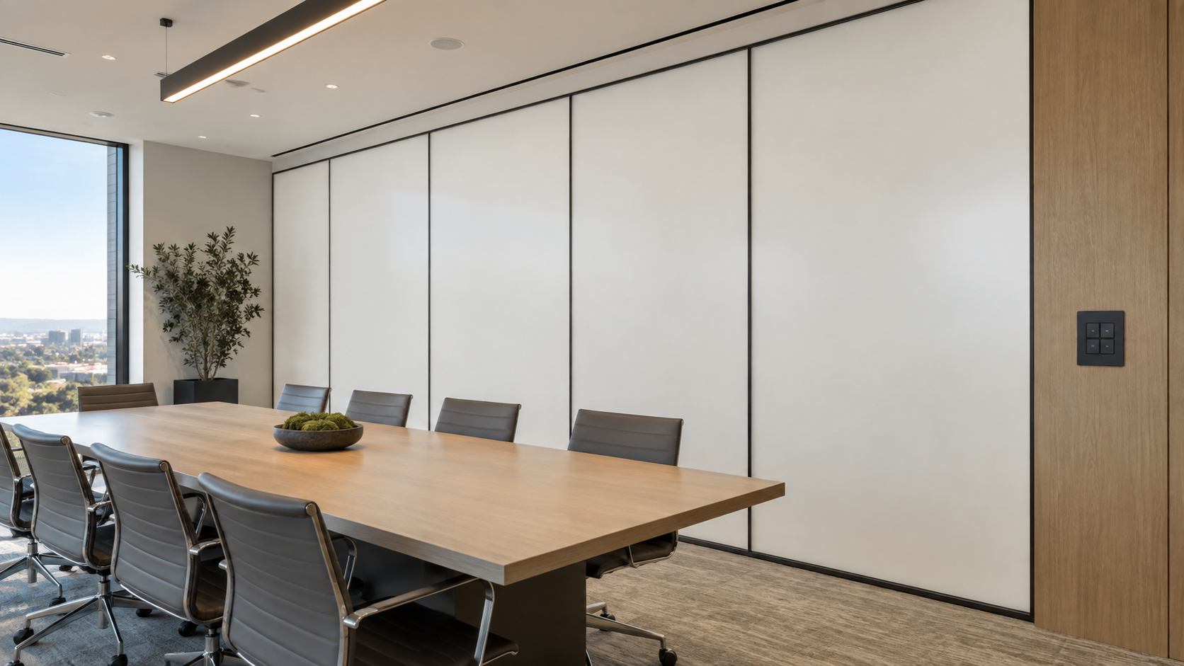 Building automation wall control beside opaque privacy glass