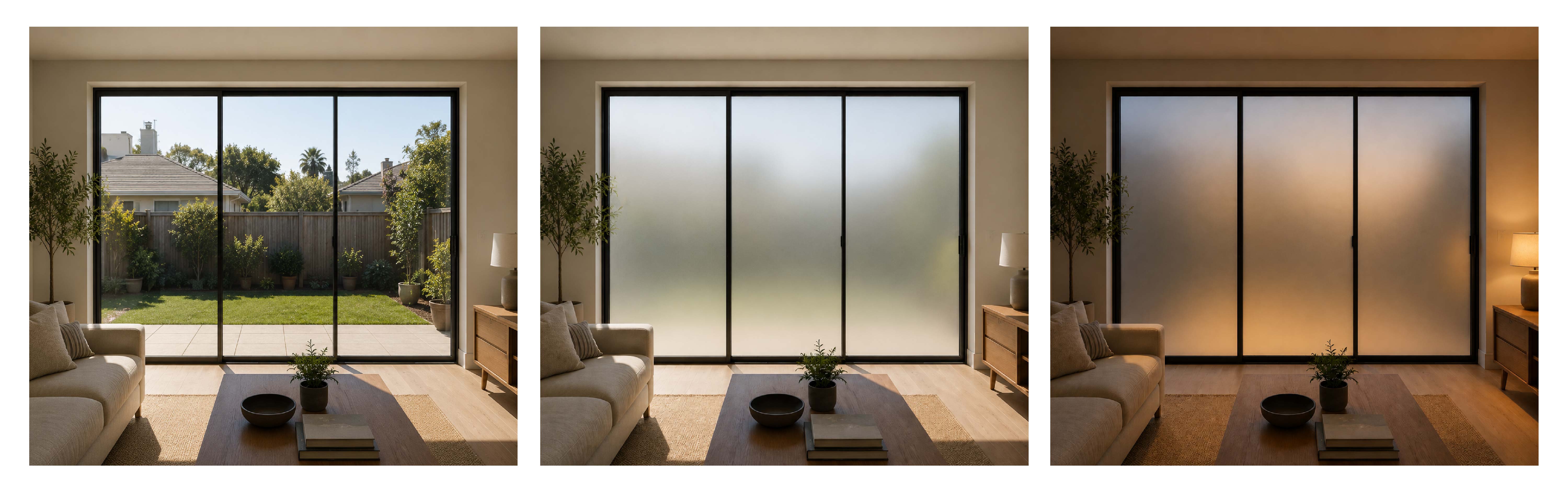 Glass doors in clear, frosted, and evening settings