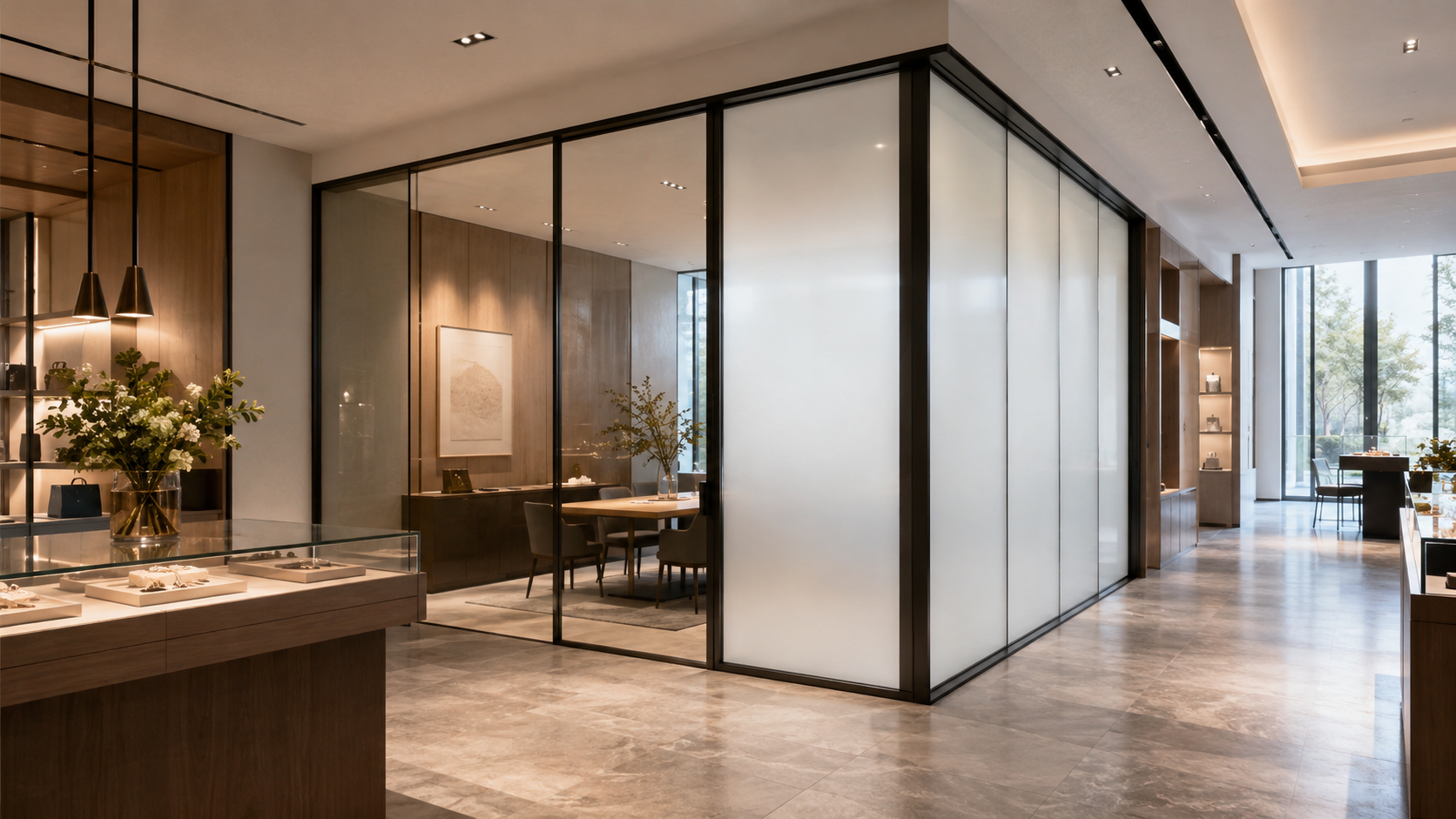 Commercial glass meeting room with frosted privacy film