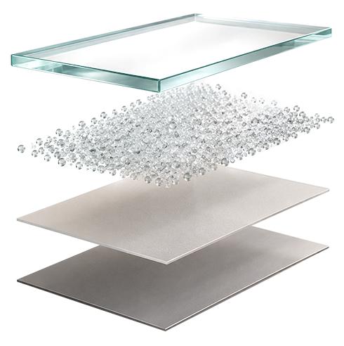 Exploded illustration of the bonded layers inside smart privacy film