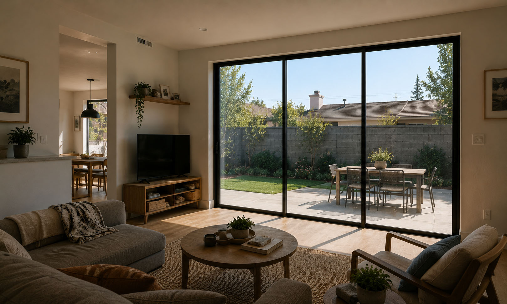 Residential living space with smart privacy film