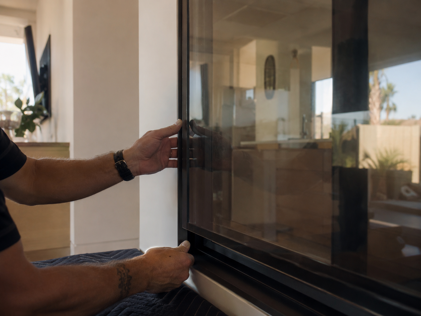 Installer preparing glass for smart film