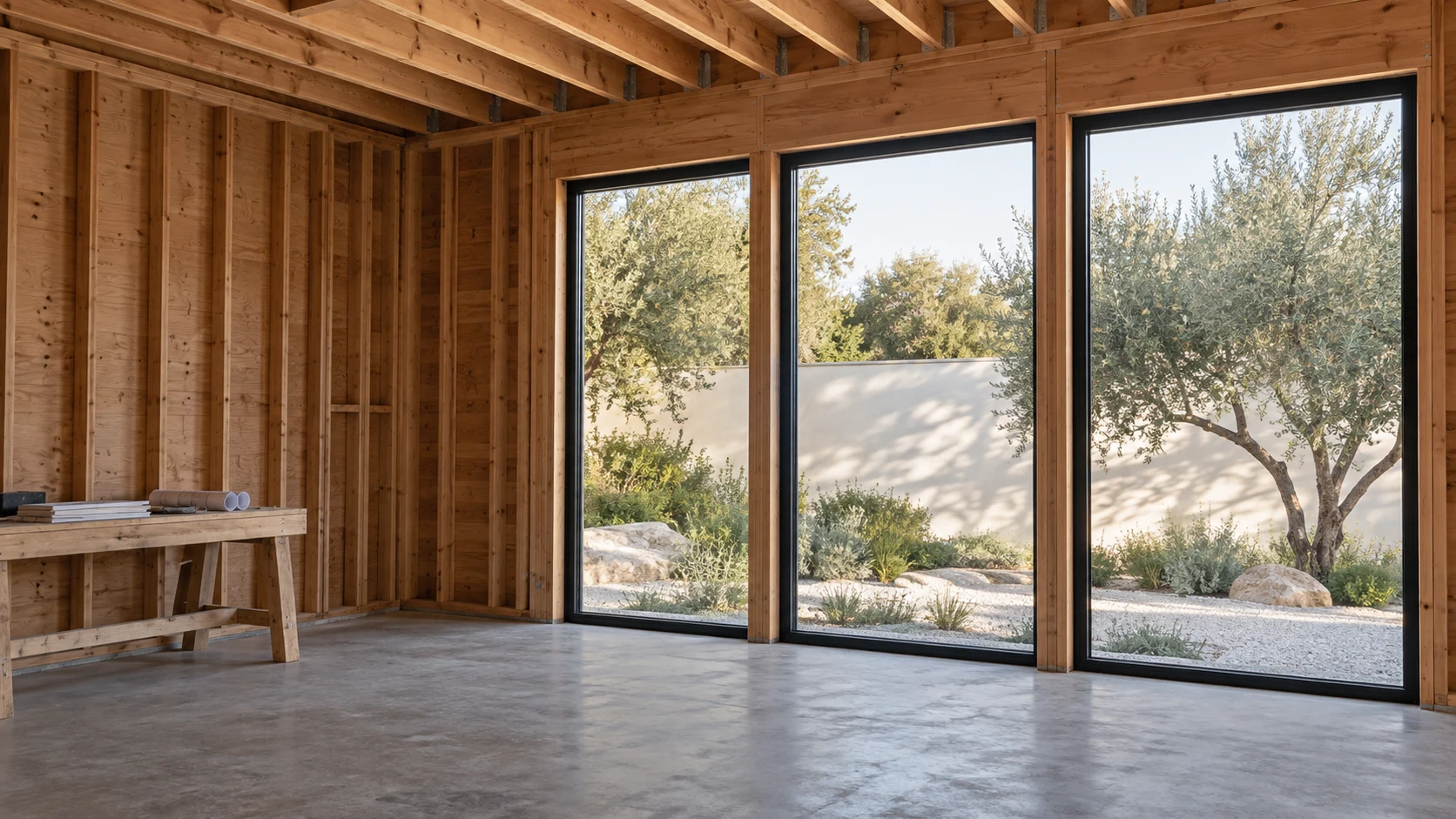 Exposed timber framing and three tall black-framed windows before drywall