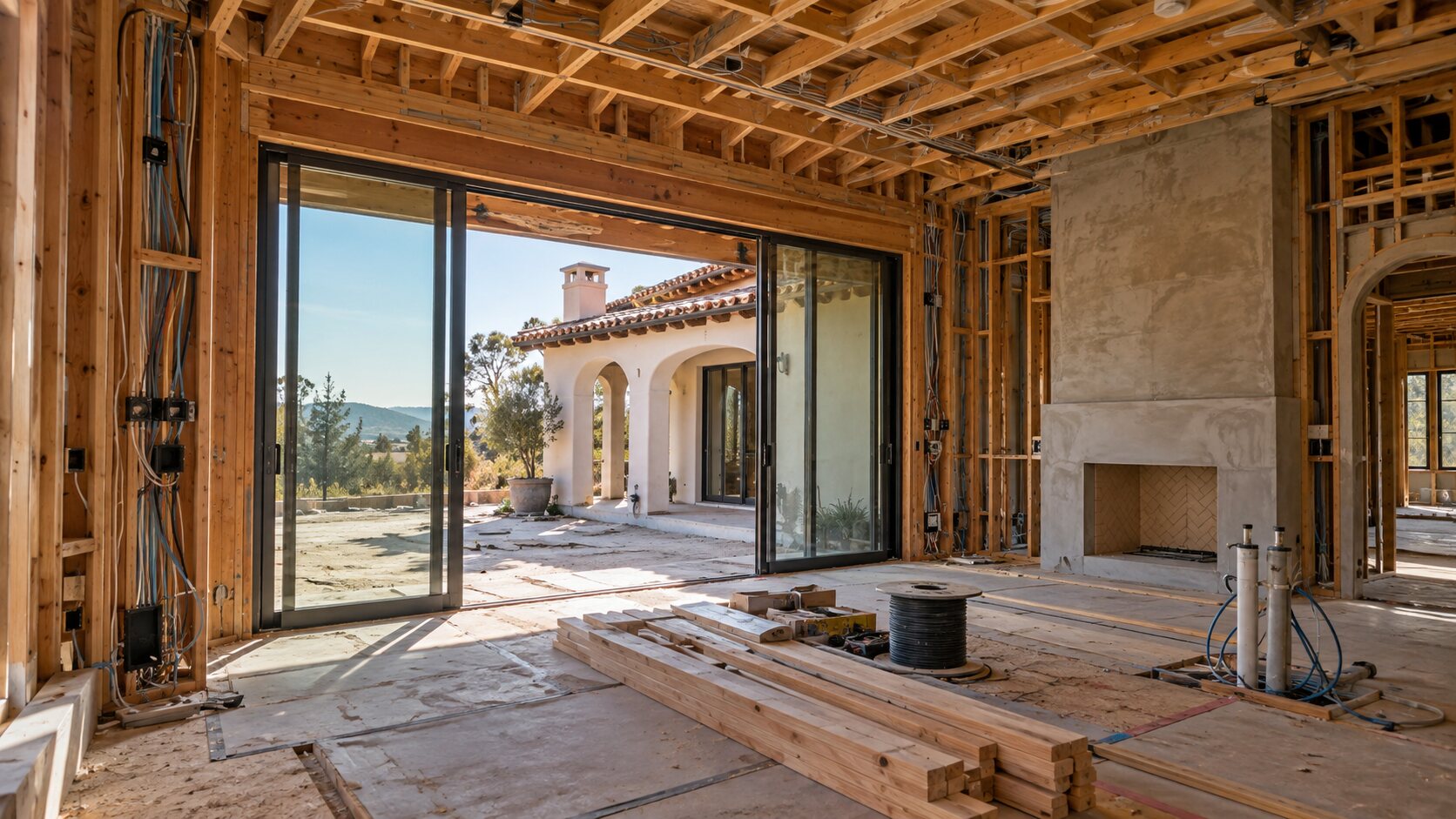 California home at the framing stage with large glass openings