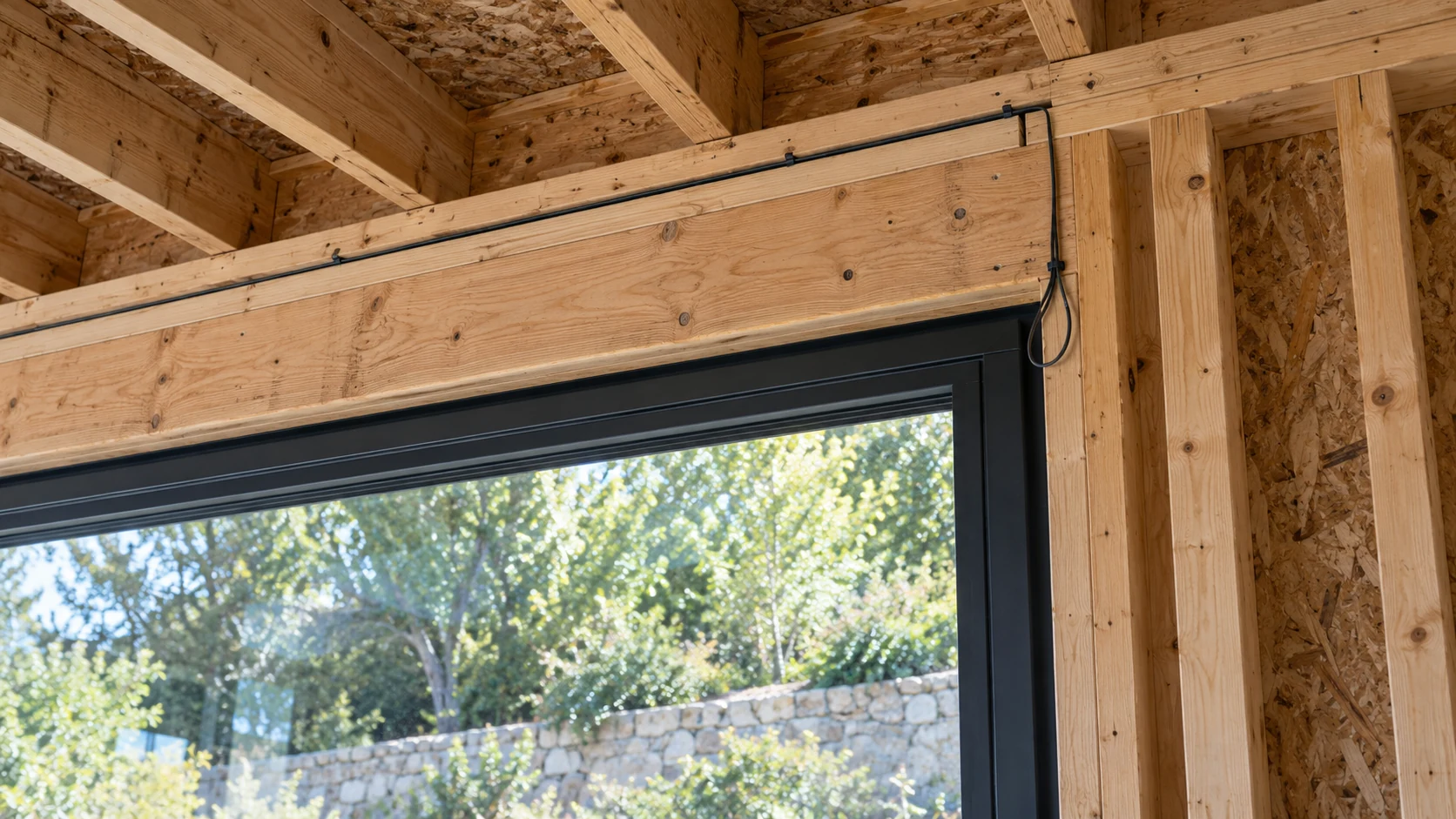 Timber header and ceiling joists above a dark-framed window, with a cable loop at the upper corner