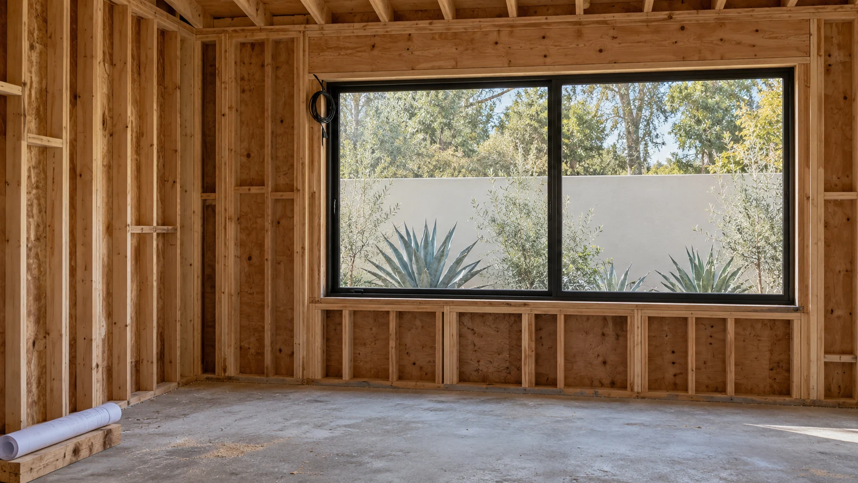 A wide two-pane window surrounded by exposed timber framing, with open wall bays beside it
