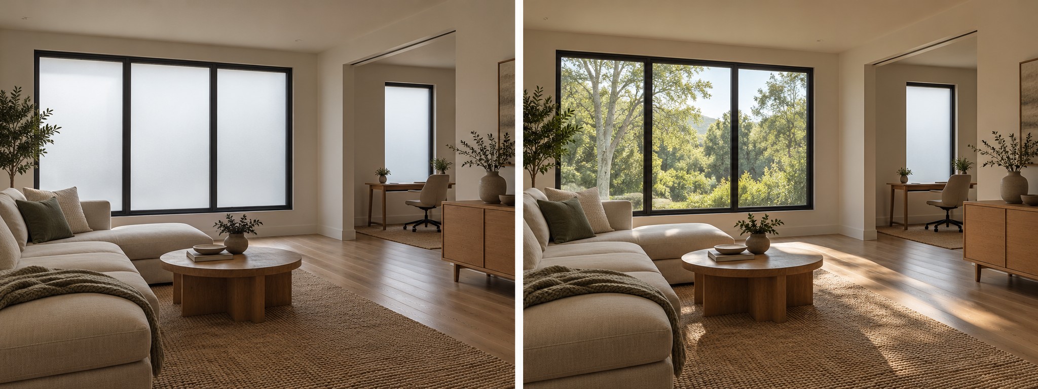 Living room with three frosted window panels; the office beside it is also private.
