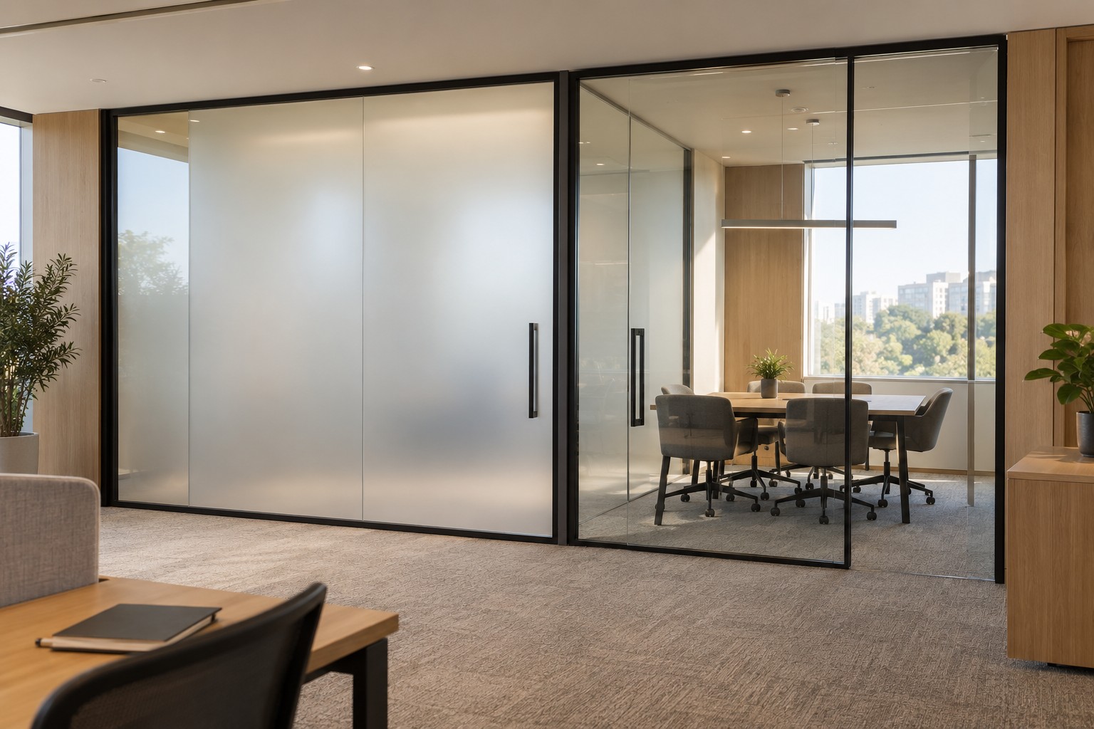 Adjacent glass meeting spaces, one frosted for privacy and the other clear.