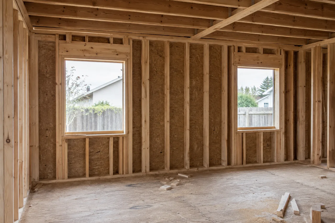 Illustration of a modern home at timber framing stage with large window openings