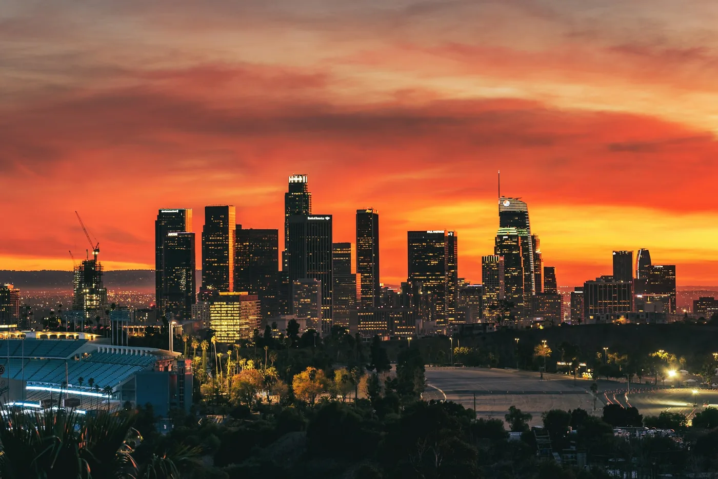 Downtown Los Angeles skyline at sunset